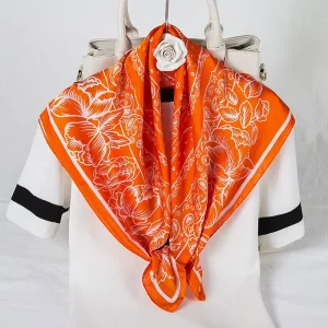 Foulard Bandana En Soie Satin À Motif Paisley Orange A Fleur